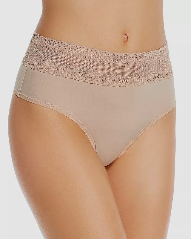 Natori Women's Beige Lace Trim Bliss Perfection High Waist Thong Size OS