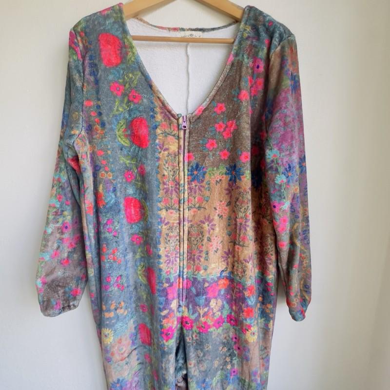 Natural Life Patchwork Fleece‑Lined Romper Jumpsuit Boho Floral Zip Front Medium