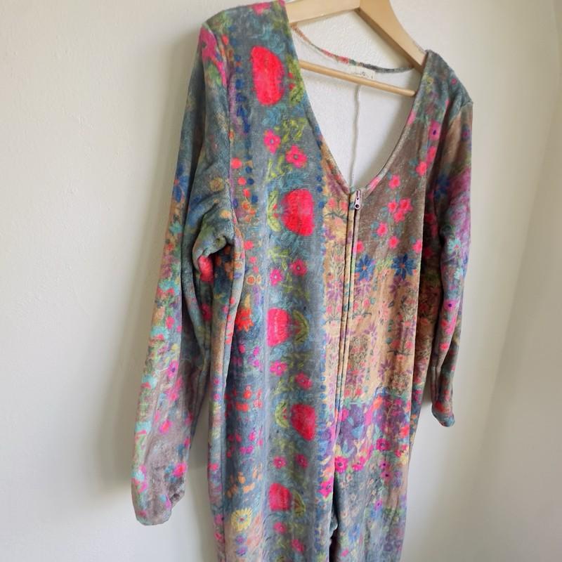 Natural Life Patchwork Fleece‑Lined Romper Jumpsuit Boho Floral Zip Front Medium