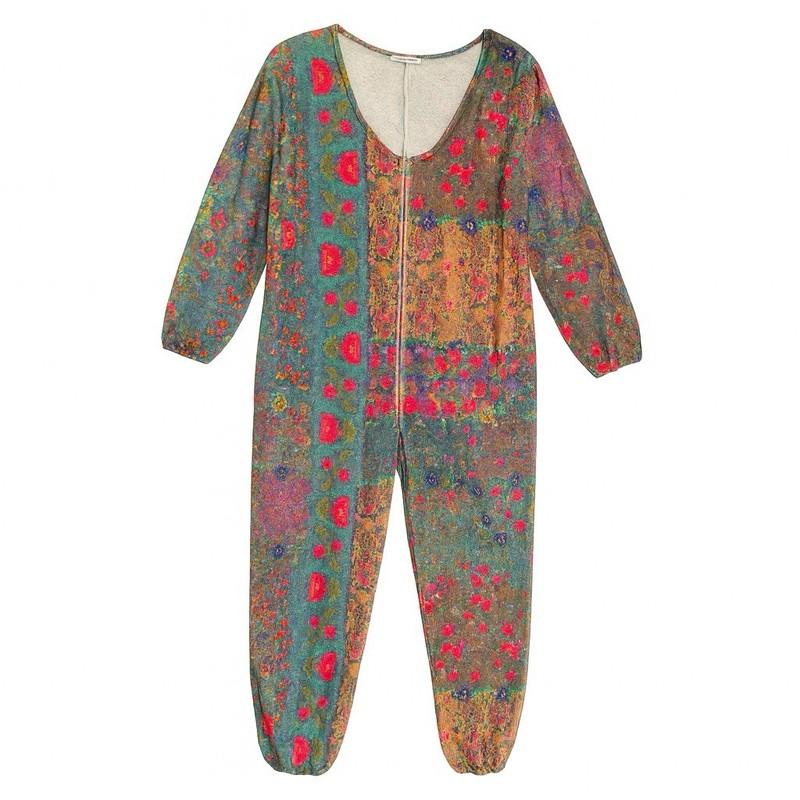 Natural Life Patchwork Fleece‑Lined Romper Jumpsuit Boho Floral Zip Front Medium