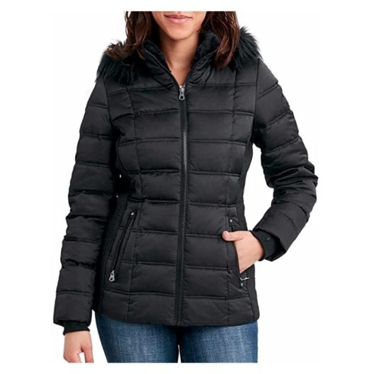 Nautica Women's Mid-Weight Full Zip Puffer Jacket With Faux Fur Hood In 3 Colors