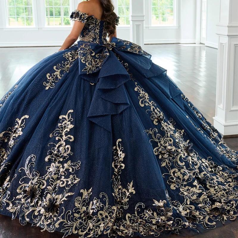 Navy Blue Shiny Quinceanera Dresses Sequin Appliques Beads Ball Gown Lace Up