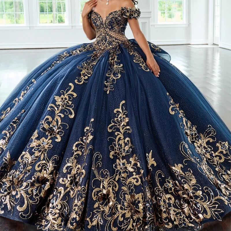 Navy Blue Shiny Quinceanera Dresses Sequin Appliques Beads Ball Gown Lace Up