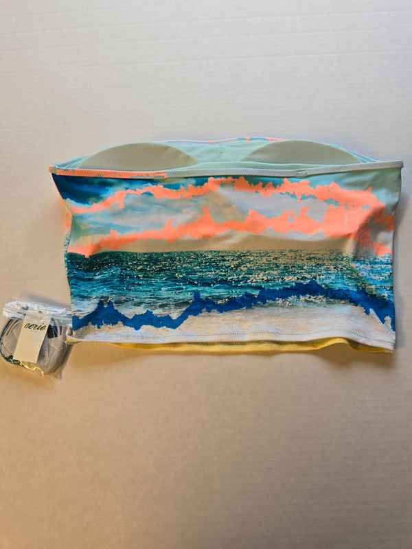 New American Eagle Aerie UPF 50 Longline Bathing Suit Top Bandeau Top Blue Beach