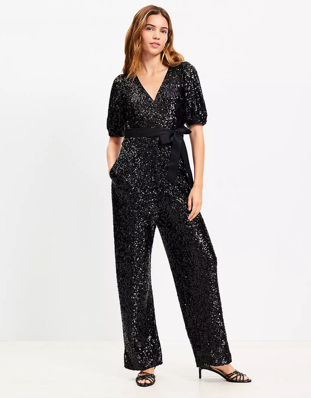 NEW ANN TAYLOR LOFT $150 BLACK SEQUI NTIE WAIST JUMPSUIT SZ 6