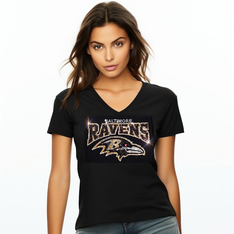 New Baltimore Ravens Rhinestone Relaxed fit Womens Sizing VNeck T-shirt S - 4X