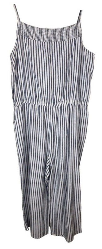 NEW Beach Lunch Lounge Pants Romper Jumpsuit L Blue White Stripe Linen Blend NWT