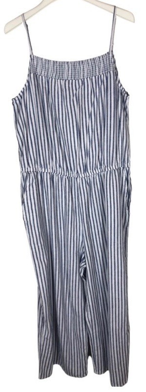 NEW Beach Lunch Lounge Pants Romper Jumpsuit L Blue White Stripe Linen Blend NWT