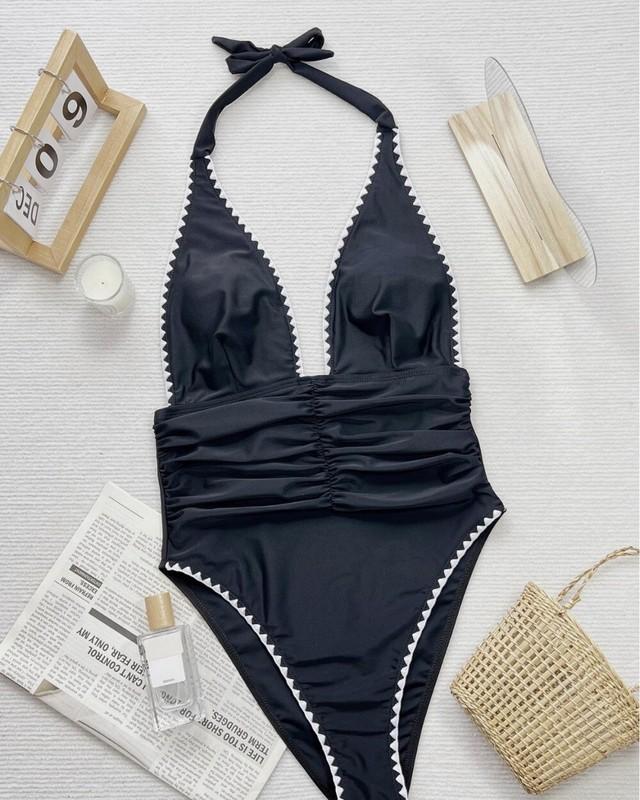 New Beach Simple Summer Women Black Deep V Swimsuit Bikini Bikini