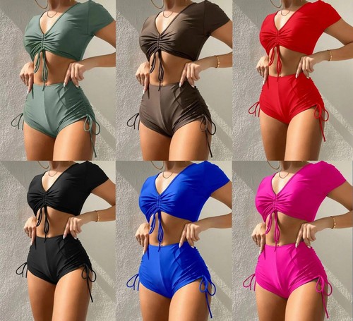 new Bikini de cintura alta con cordón para mujer traje de baño liso ropa de pla