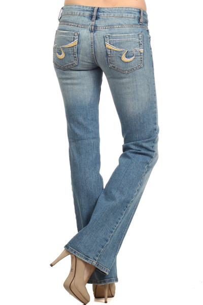 New Blue Denim Embroidered Pocket Wide Leg Bell Bottom Jeans