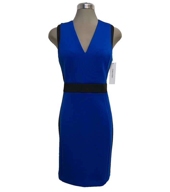 New Calvin Klein Elegant Sheath Dress Color Block Blue Black Women’s size 8