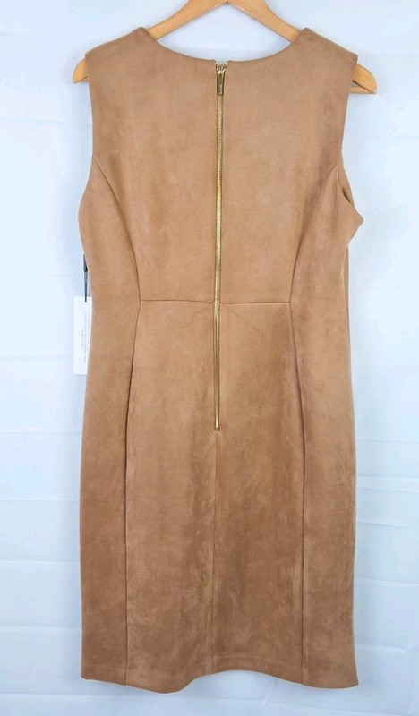 NEW Calvin Klein Natural Faux Suede Sleeveless Dress Size-14 Color-Brown