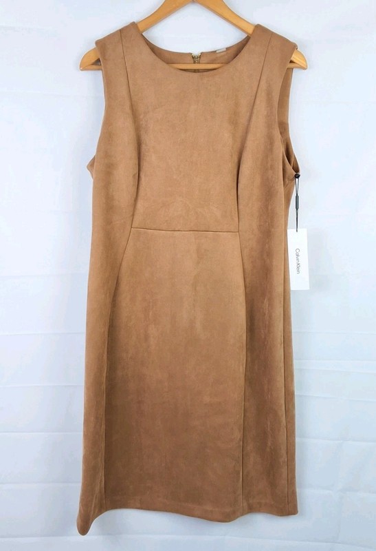 NEW Calvin Klein Natural Faux Suede Sleeveless Dress Size-14 Color-Brown