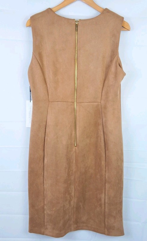 NEW Calvin Klein Natural Faux Suede Sleeveless Dress Size-14 Color-Brown