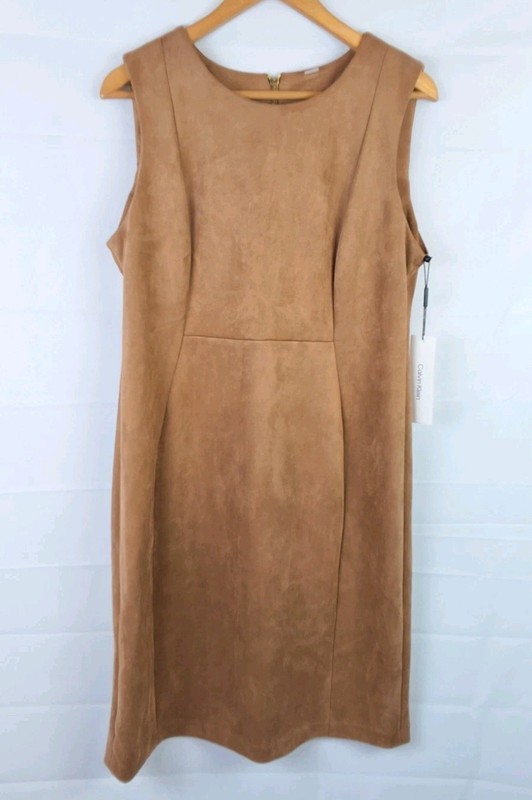 NEW Calvin Klein Natural Faux Suede Sleeveless Dress Size-14 Color-Brown