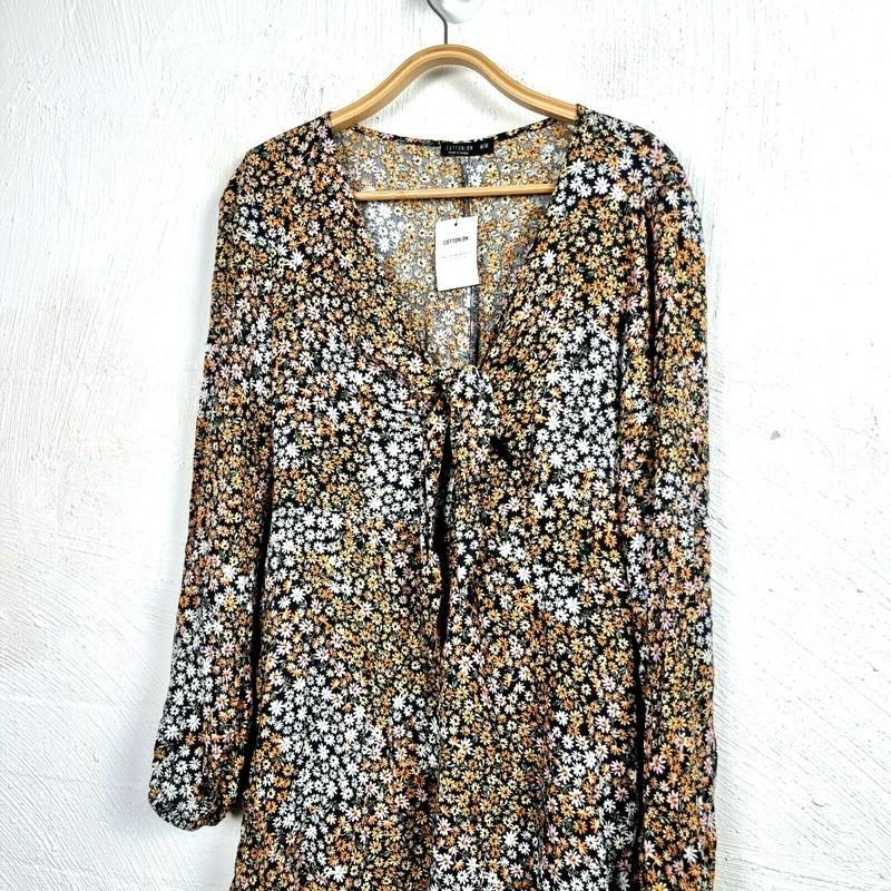 New COTTON ON Womens Jumpsuit Size M Yellow/Grey Floral Long Sleeve Tie Front