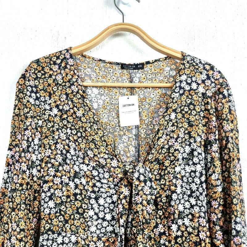 New COTTON ON Womens Jumpsuit Size M Yellow/Grey Floral Long Sleeve Tie Front