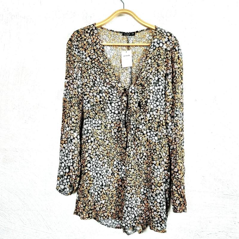 New COTTON ON Womens Jumpsuit Size M Yellow/Grey Floral Long Sleeve Tie Front