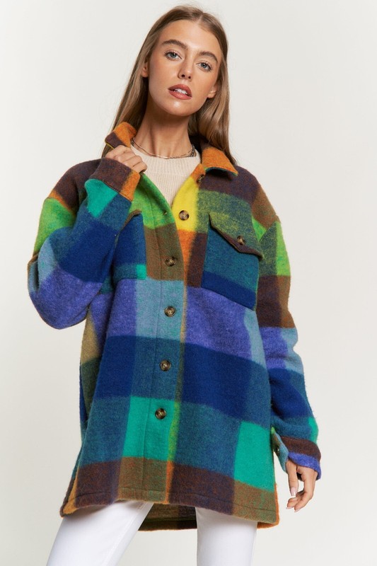 NEW DAVI & DANI SHACKET Jacket SHIRT SM-3X Vibrant Fuzzy Plaid Western Preppy