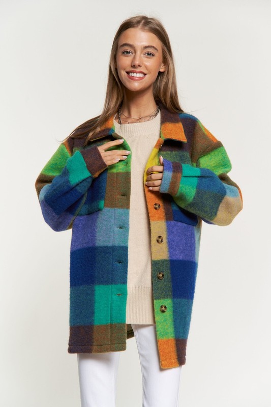 NEW DAVI & DANI SHACKET Jacket SHIRT SM-3X Vibrant Fuzzy Plaid Western Preppy