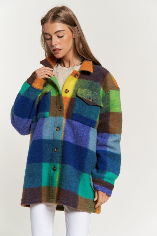 NEW DAVI & DANI SHACKET jacket SHIRT SM-3X vibrant fuzzy plaid western preppy