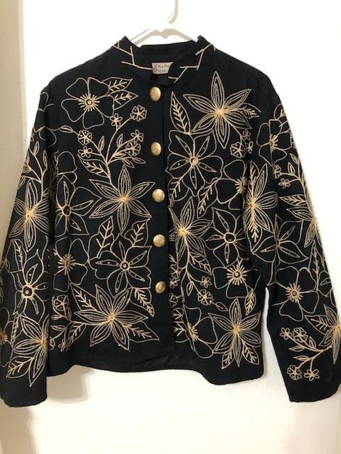 New Direction Gold Embroidered Black Jacket Floral Motif Large Boho Bell Sleeve
