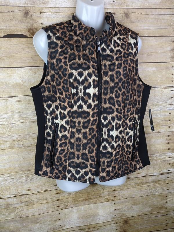 New Directions Women's Size Large Leopard Print Full Zip Vest Dual Zipper Pocket