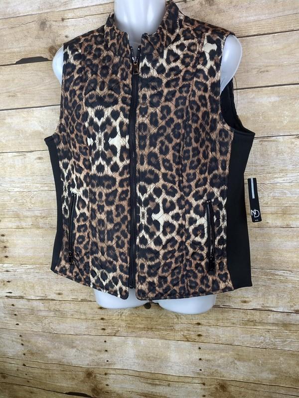 New Directions Women's Size Large Leopard Print Full Zip Vest Dual Zipper Pocket