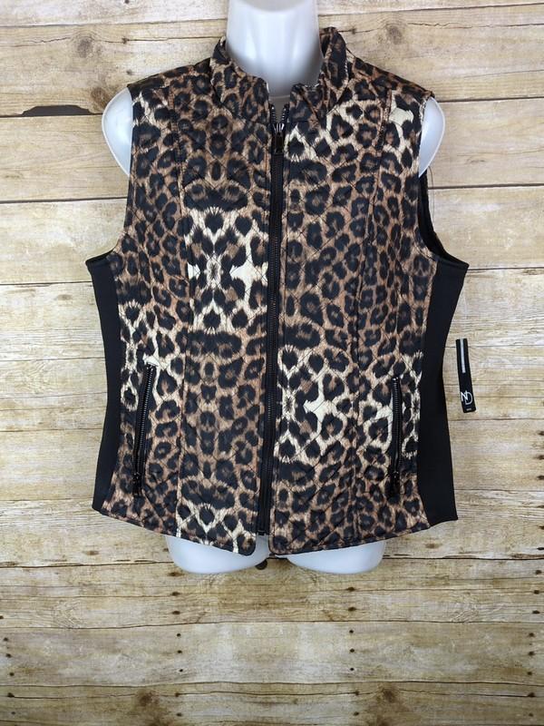 New Directions Women's Size large leopard Print Full Zip Vest dual zipper pocket