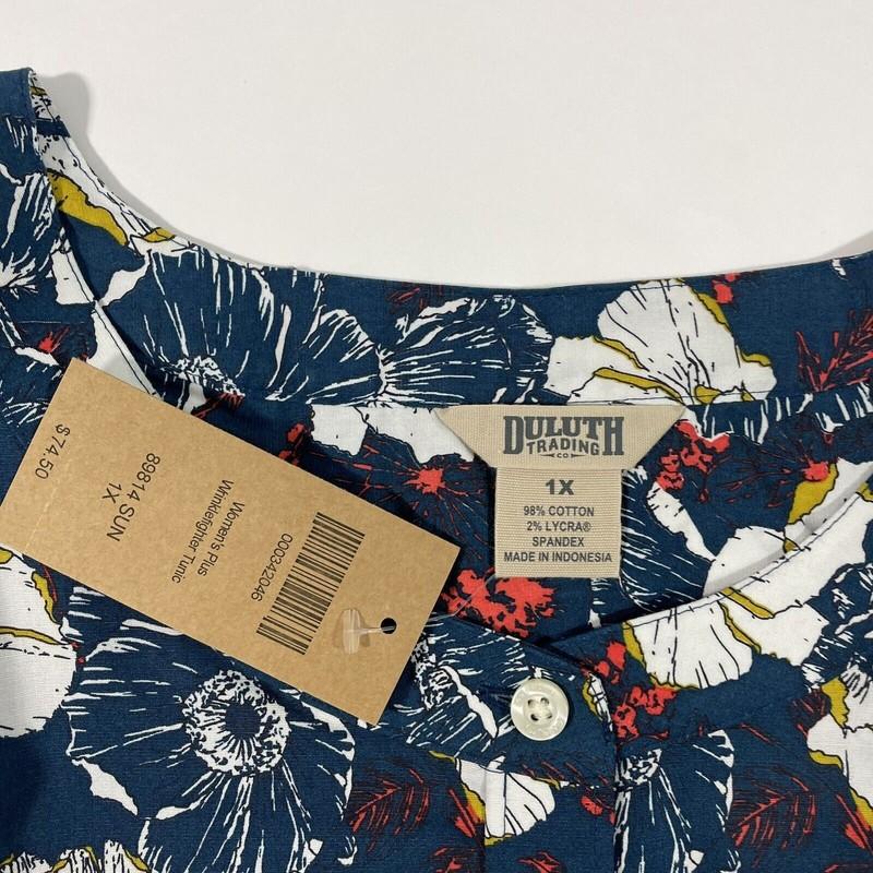 New Duluth Wrinkle Fighter Tunic Shirt Blue White Floral Size 1X Plus