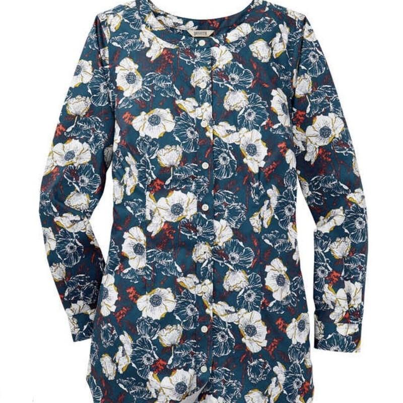 New Duluth Wrinkle Fighter Tunic Shirt Blue White Floral Size 1X Plus