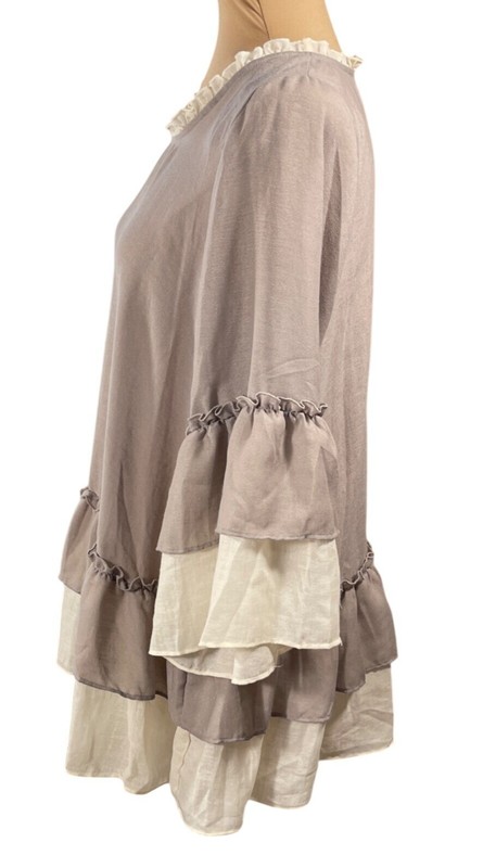 New Easel Ruffle Trim Top Blouse Taupe Cream S Small Tiered Hem