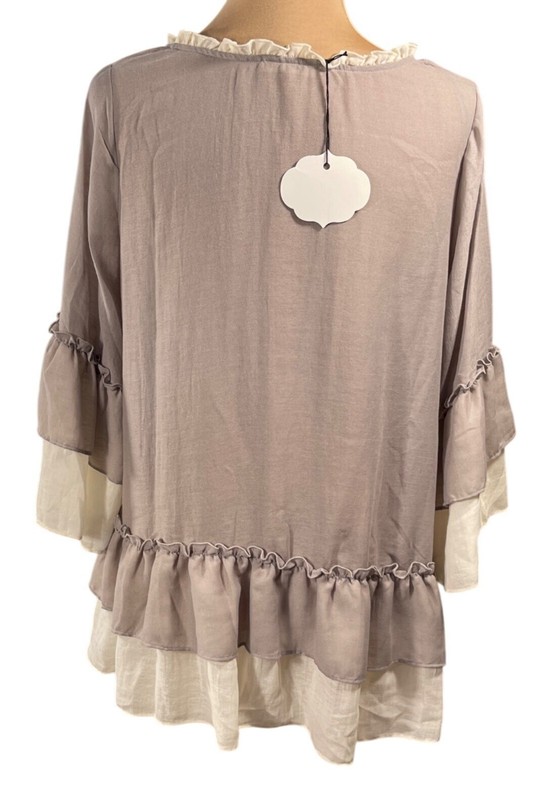 New Easel Ruffle Trim Top Blouse Taupe Cream S Small Tiered Hem