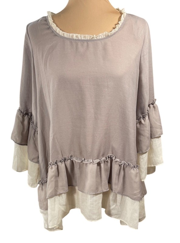 New Easel Ruffle Trim Top Blouse Taupe Cream S Small Tiered Hem