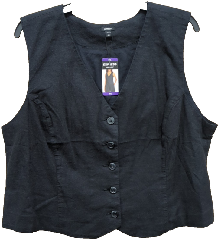 NEW Express Women's Classic Fit V-Neck Button Up Linen Vest Black Size 2XL O16