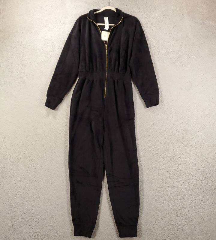 New Fabletics Cozy Plush Ribbed Jumpsuit Womens Medium Black Super Soft NWT