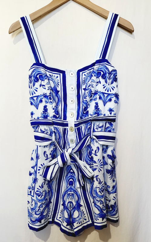 New FARM RIO Garden Tiles Romper In Off White. Size Small