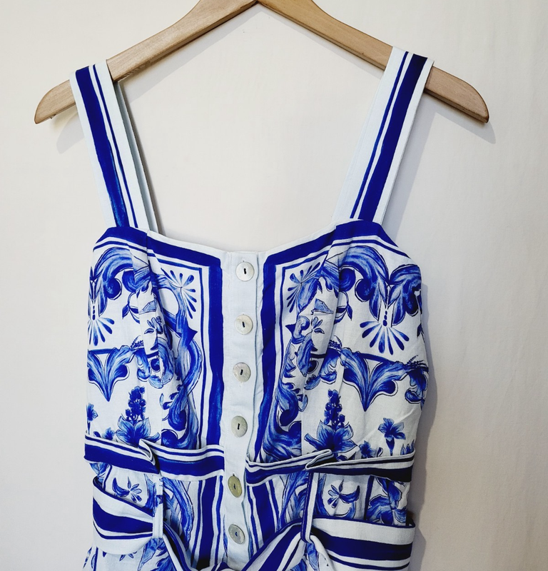New FARM RIO Garden Tiles Romper In Off White. Size Small