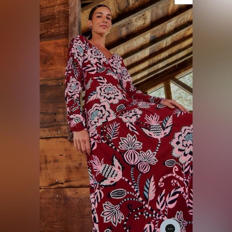 NEW Farm Rio Pineapple Inspiration Burgundy V-Neck Maxi Dress Sz L Boho Floral