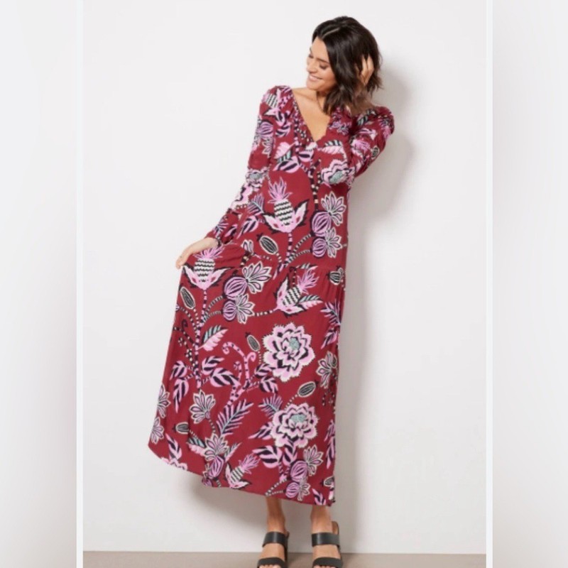 NEW Farm Rio pineapple Inspiration Burgundy V-Neck Maxi Dress Sz L Boho Floral