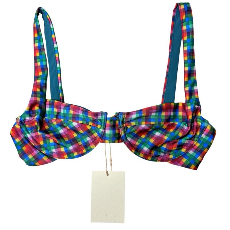 NEW Fella Swim Casanova Pantelleria Plaid Blue Red Green Bikini Top Women Small
