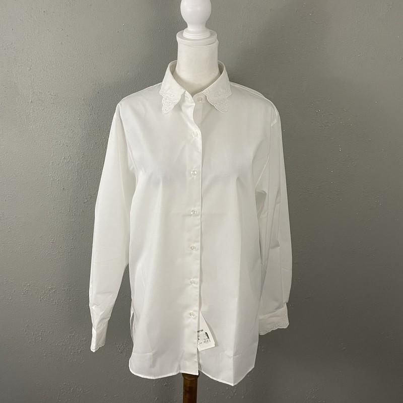 NEW Foxcroft $52 White Blouse Size 8 Button Front Long Sleeve Embroidered Shirt