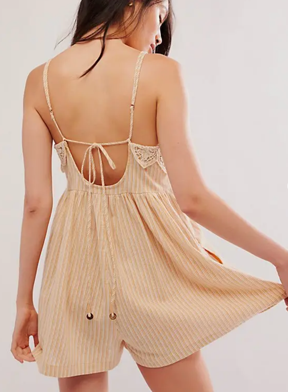 NEW FREE PEOPLE NEUTRAL COMBO COLLINA ONE PIECE ROMPER SHORT SZ L