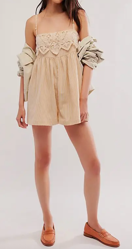 NEW FREE PEOPLE NEUTRAL COMBO COLLINA ONE PIECE ROMPER SHORT SZ L