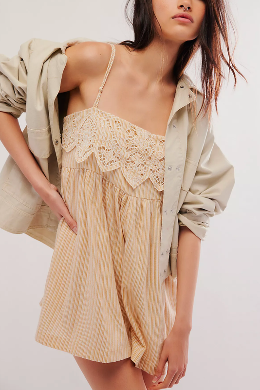 NEW FREE PEOPLE NEUTRAL COMBO COLLINA ONE PIECE ROMPER SHORT SZ L