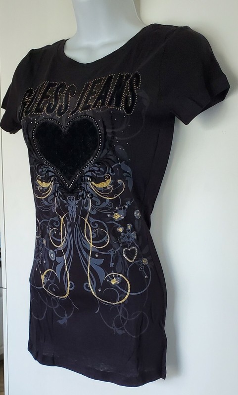 New Guess Jeans Jet Black Heart T-shirt Extra Small XS