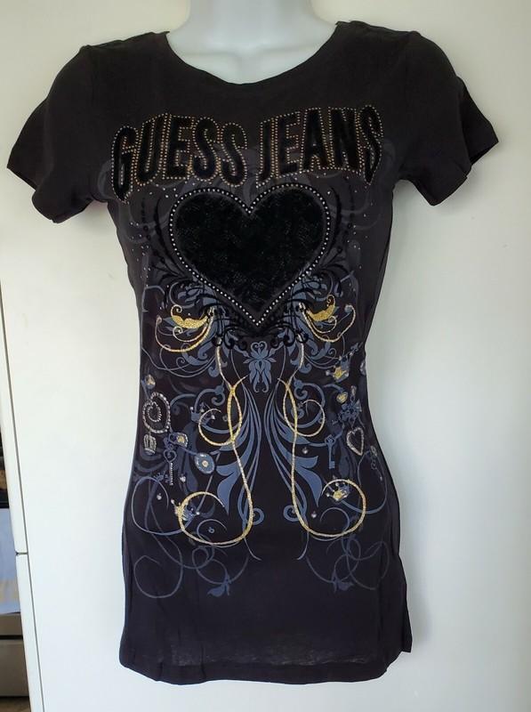 New Guess Jeans Jet Black Heart T-shirt Extra Small XS