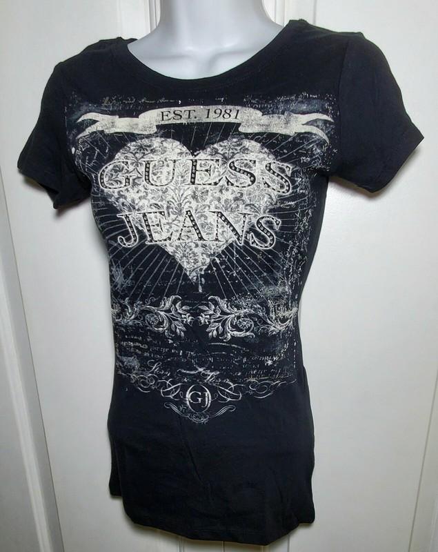 New Guess Jeans Jet Black T-shirt Large L Heart 1981