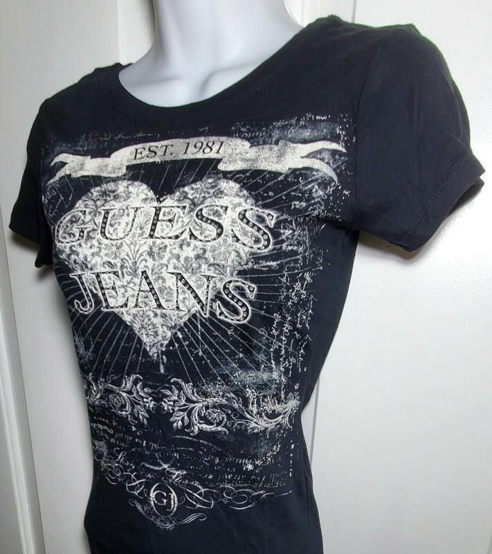 New Guess Jeans Jet Black T-shirt Large L Heart 1981